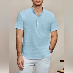 Ouku Men’s Blue Short Sleeve Linen Blend Henley Button Down Shirt Band Collar L